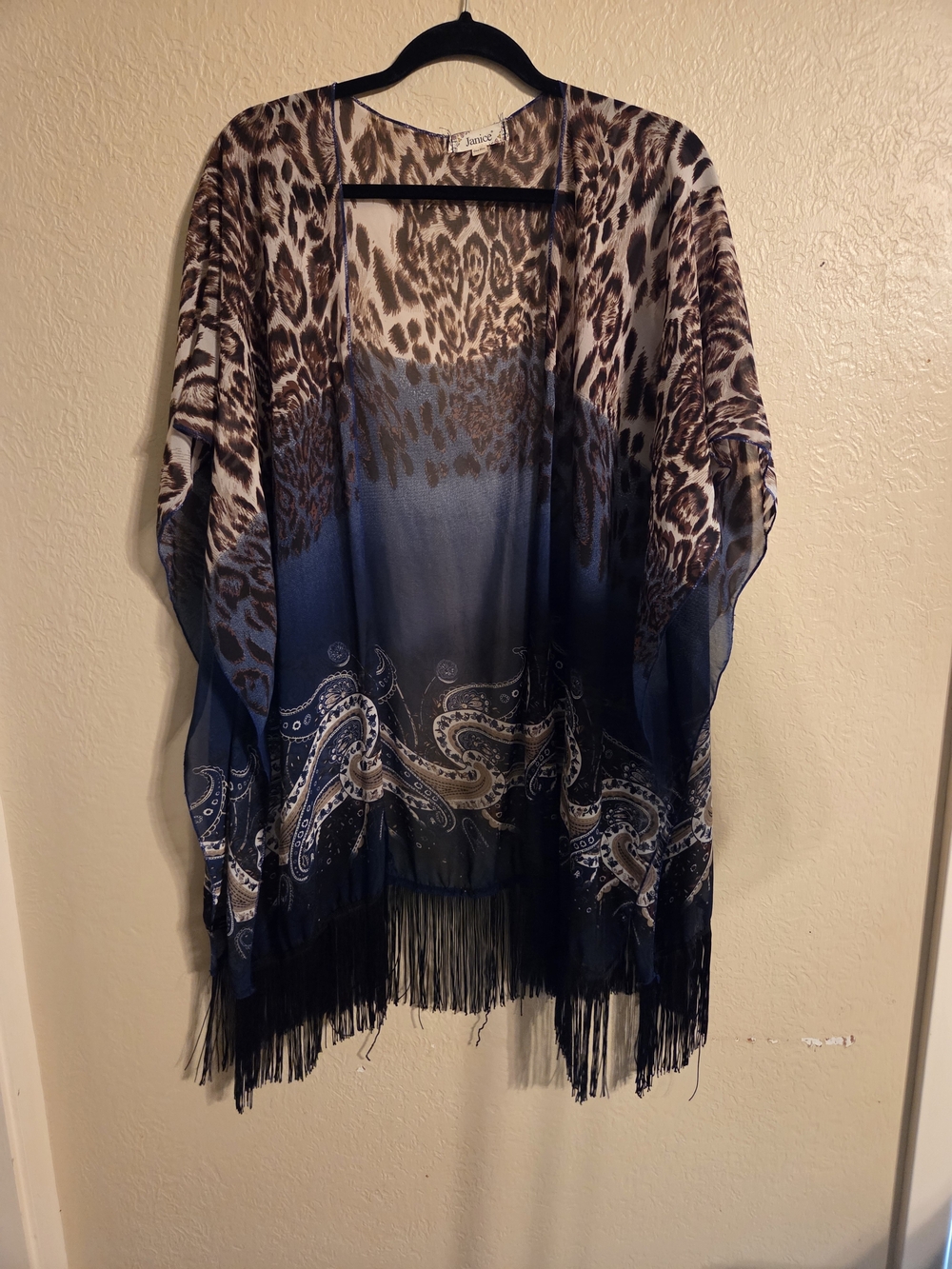 Janice Blue and Brown Animal Print Fringe Kimono Chiffon One Sz